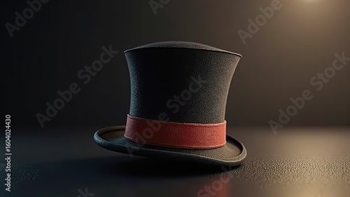 Elegant Black Top Hat with Red Band: Classic Headwear Stock Asset