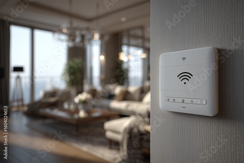 Connected Comfort: Smart Home Hub on Wall in Sunlit Living Room