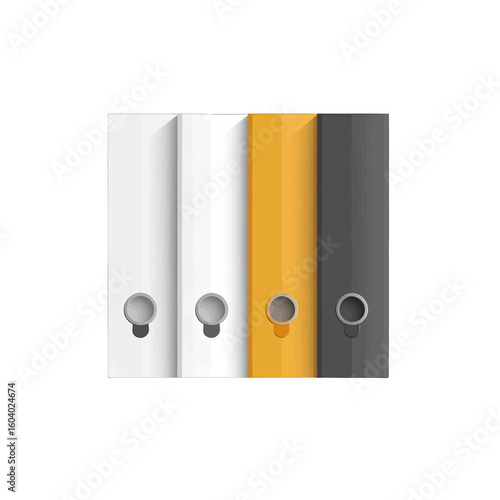 A neat row of four office binders in white, yellow, and dark grey, featuring metallic finger holes on the spines.