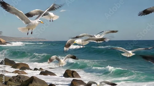 Seagulls Flying Over Rocky Shore Seagulls soaring above ocean waves crashing on rocks