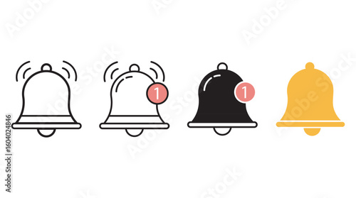 Set of notification bell icons in outline, filled black, and yellow styles, some with red alert badges. Ideal for app interfaces, UI design, reminders, and digital alerts.