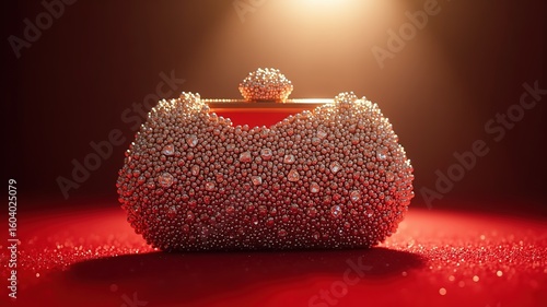 Luxury Silver Beaded Clutch Bag on Red Background: Elegant Evening Accessory