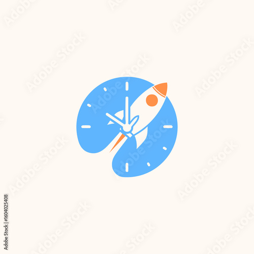 A modern logo of a rocket launching inside a clock face. This dynamic vector icon symbolizes fast delivery, deadlines, quick startups, and efficient time management.