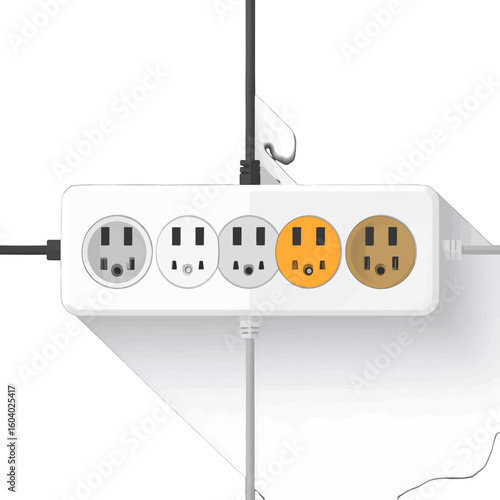 White rectangular power strip with five colorful three-prong electrical outlets.