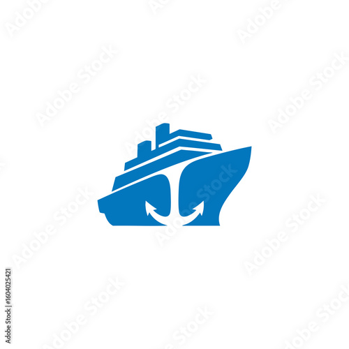 A bold and simple logo combining a cruise ship with a strong anchor. This blue vector symbol represents maritime travel, stability, sea voyages, and the marine industry.