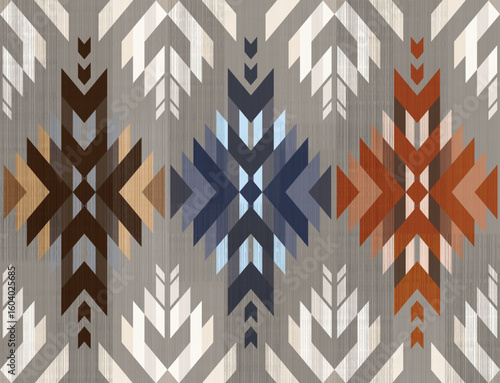 Aztec pattern on gray background.Beige arrow border shape.Triangle pattern.Native American Indian.Vertical pattern.Zigzag.Yarn.Diamond.Seamless.DIgital design.Illustration.Modern.Fabric Design.Ethnic