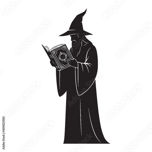 Enchanter beneath crescent skies – Wizard silhouette designed with enchanted Wizard vector – Wizard illustration – Halloween silhouette

