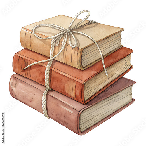 Watercolor Stack of Old Books Tied with Twine in Earthy Tones for Cozy Festive Decor