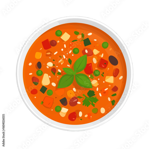 Vibrant bowl of hearty minestrone soup with mixed vegetables, beans, and fresh basil garnish, top-down view.