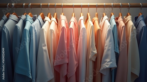 Pastel-Colored Shirts Hanging on Wooden Rack: Soft Fabric Texture, Clothing Display