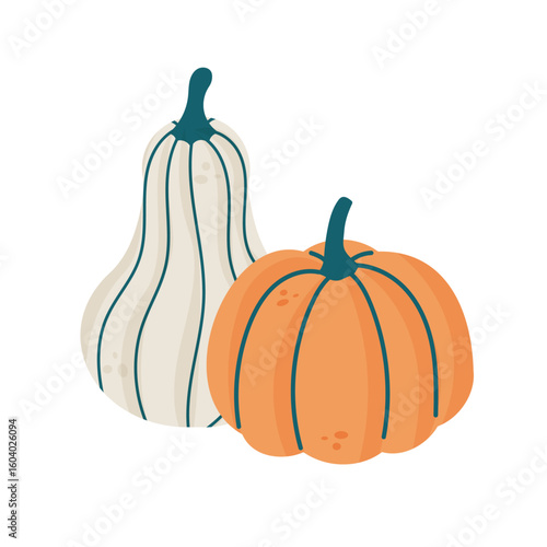 Minimalist vector illustration of two pumpkins in beige and orange tones, one taller than the other