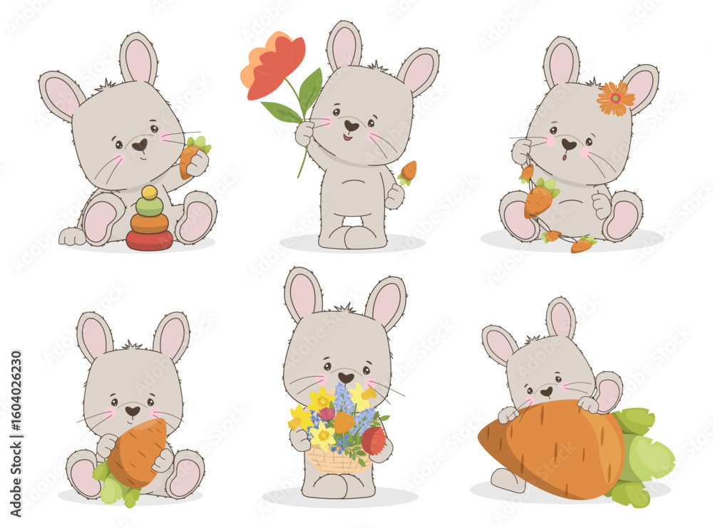 Fototapeta premium Vector illustration of cute cartoon bunnies with playful expressions, holding carrots and flowers. Adorable scenes capturing whimsical moments in a charming style.