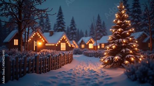Enchanted Winter Village: Cozy Snow Covered Cabins with Illuminated Christmas Tree