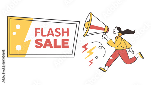 Woman announces flash sale with megaphone and lightning bolt sign in trendy cartoon illustration style