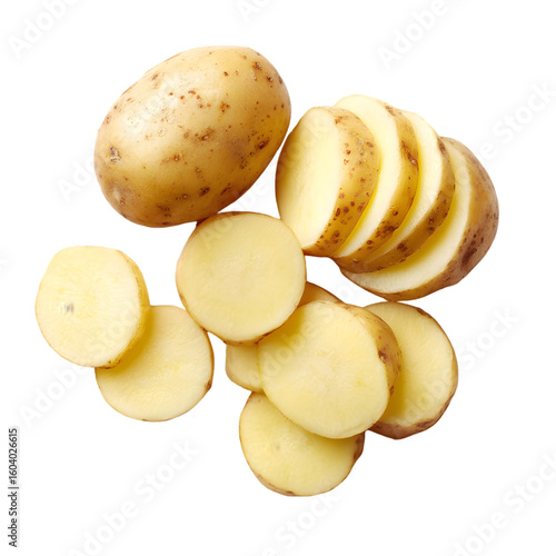 Whole and sliced fresh raw potatoes with light brown skin isolated on transparent background