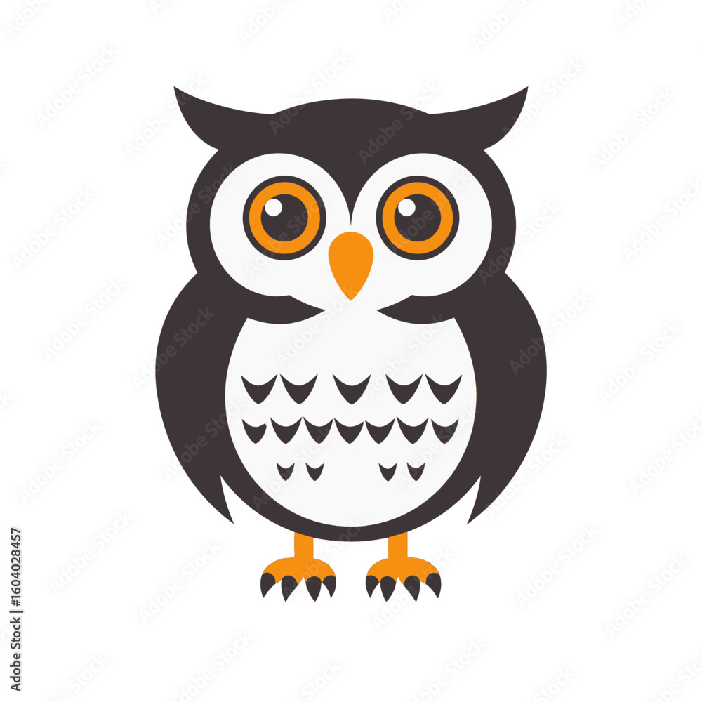 Naklejka premium Cute Cartoon Owl With Black And White Feathers With Orange Eyes And Feet On White Background