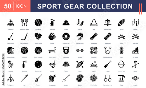 Sport Equipment icon set showcasing gear for team sports, water sports, gymnastics, martial arts, and fitness training—ideal for gyms, schools, outdoor activities, and health campaigns.