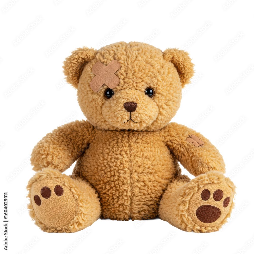 Fototapeta premium A sweet teddy bear with a bandage is sitting looking at the camera.