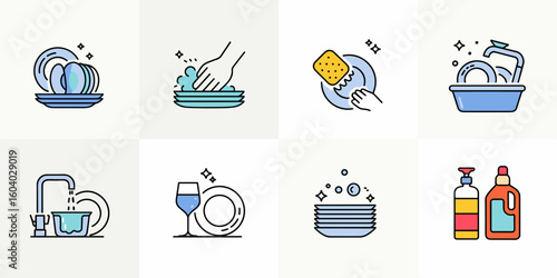 Dishwashing and kitchen cleaning colorful outline icon set vector illustration.