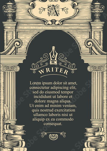 Vector banner on the topic of literature and psiateles with space for text. Page with books, pen, antique arch. Sign of a shop, cafe, library. Page of a book, magazine, logo. Not AI.
