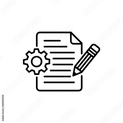 Technical writing concept Cogwheel, Paper, and Pencil icon in black and white