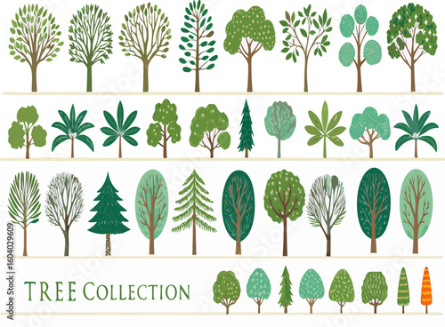 Diverse stylized tree collection showcasing varied shapes and foliage perfect for nature-themed designs, inviting calm and organic touch in any project