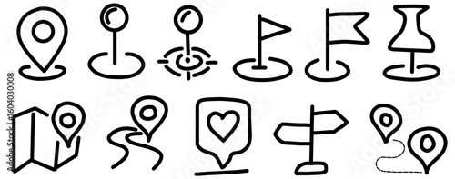 Navigation Map Pointer Icon Grunge Brush Stroke Drawing Vector Set