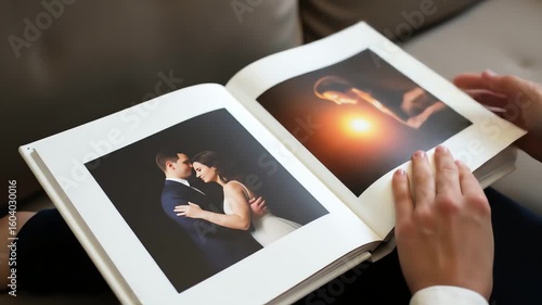 Couple viewing photo album while sitting on sofa in living room  