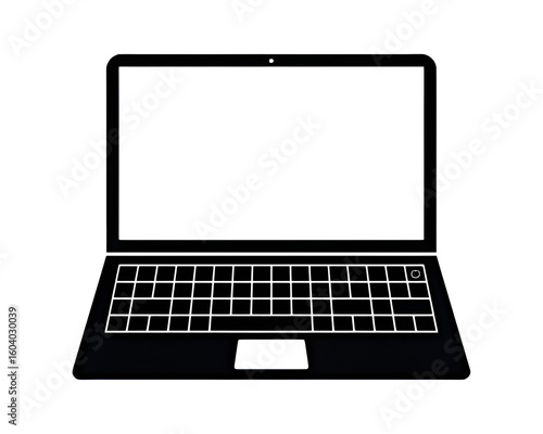 Illustration of minimalist black silhouette of an open laptop computer with a blank white screen and keyboard isolated on a transparent background
