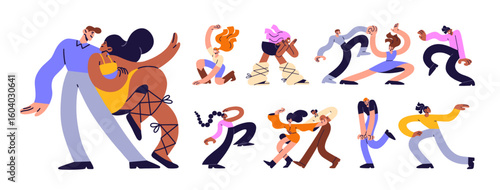 Funny dancing people set. Happy men and women enjoy the disco. Diverse characters move to music together or alone. Dancers perform, have fun at the party. Flat isolated vector illustrations on white