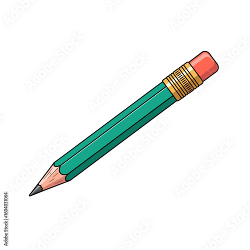 Flat Vector Illustration of Diagonally Positioned Teal-Green Pencil with Coral-Red Eraser and Golden Ferrule on White Background