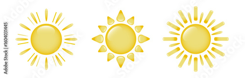 A set of three three-dimensional, cartoon sun icons with different rays on a white background. A collection of cartoon suns with highlights. Logo, sun sticker. Vector EPS 10.