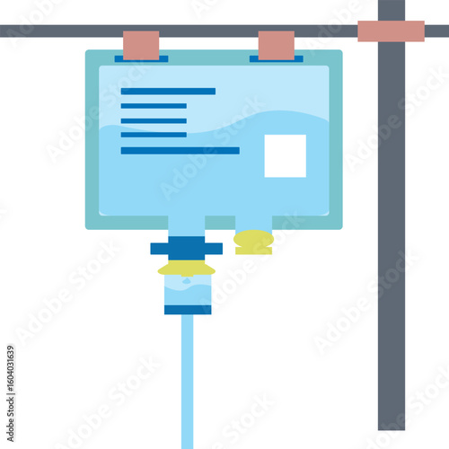 Vector illustration of an intravenous (IV) drip bag with tube, commonly used in hospitals and clinics for fluid administration. Isolated medical equipment icon in flat style