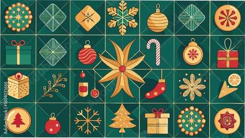 Festive christmas icons arranged in a grid pattern featuring ornaments gifts and decorative elements suitable for holiday designs