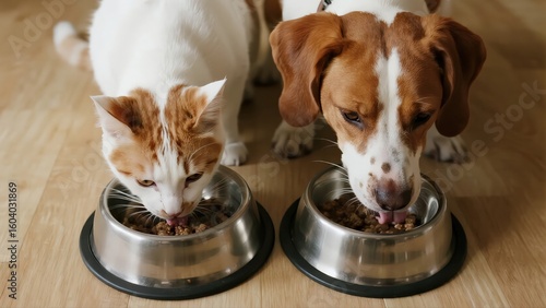 Adorable Beagle Dog and Orange Tabby Cat Eating Side by Side from Food Bowls
