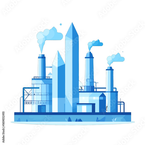 Futuristic blue industrial factory with sharp crystalline towers and smoking chimneys.