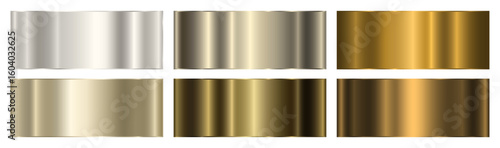 A set of metallic gold and platinum gradients. A collection of six shades of gold. Polished glossy abstract background. Vector EPS 10.