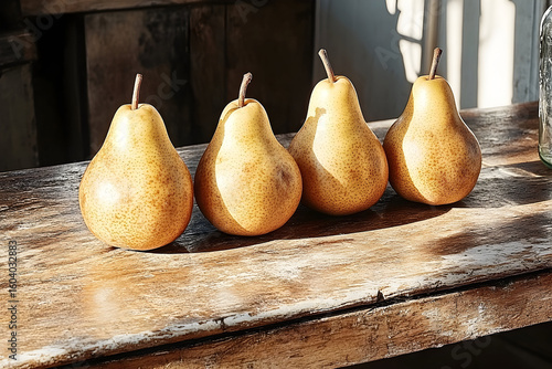 Four Bosc Pears in a Row on Weathered Wood Surface with Natural