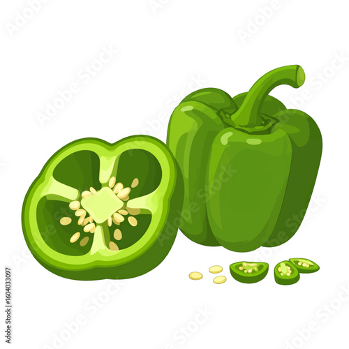 Vibrant green bell pepper illustration, shown whole, halved with visible seeds, and sliced.