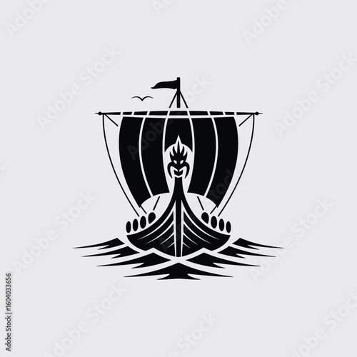 Viking Ship Silhouette Sailing on the Sea with Bird