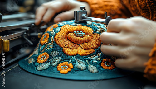 Close-up of Hand Embroidered Floral Design on Teal Fabric, Craft