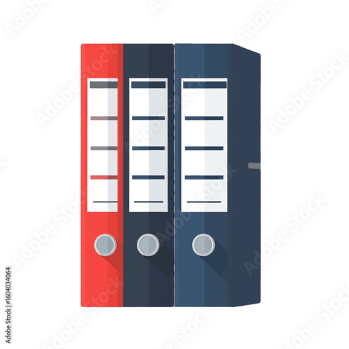 Red, dark grey, and blue office ring binders with spine labels, flat style illustration.