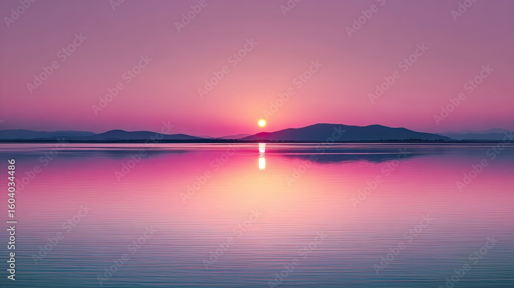 Obraz premium Pink And Purple Sunset Over Calm Water With Mountain Silhouette Reflection