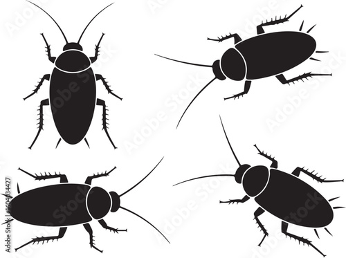 Realistic Cockroach Silhouette Vector Set – Top View, Side View, and Crawling Insect Poses