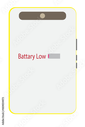 Battery low alert on mobile device interface with red text and low power bar, flat vector illustration for digital warning concept design

