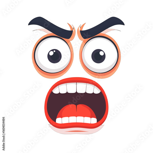 Expressive cartoon face showing anger and shock with wide eyes, furrowed eyebrows, and a shouting mouth.