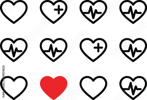 Juego de vectores de iconos de corazón. Conjunto de iconos de latido en un fondo aislado de diferentes formas. Símbolo del logotipo cardíaco de cardiograma en estilo lineal para su diseño. Ilustración