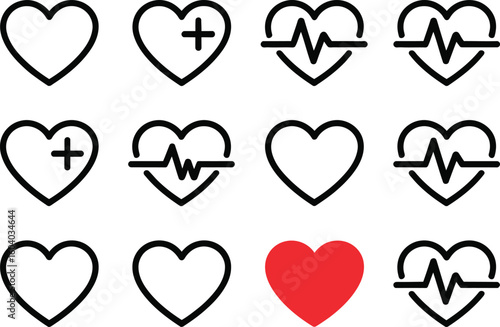 Juego de vectores de iconos de corazón. Conjunto de iconos de latido en un fondo aislado de diferentes formas. Símbolo del logotipo cardíaco de cardiograma en estilo lineal para su diseño. Ilustración