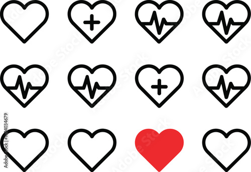 Juego de vectores de iconos de corazón. Conjunto de iconos de latido en un fondo aislado de diferentes formas. Símbolo del logotipo cardíaco de cardiograma en estilo lineal para su diseño. Ilustración