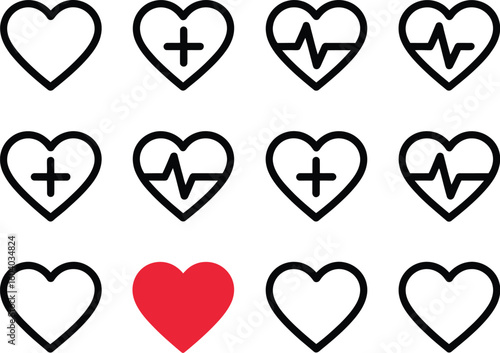 Juego de vectores de iconos de corazón. Conjunto de iconos de latido en un fondo aislado de diferentes formas. Símbolo del logotipo cardíaco de cardiograma en estilo lineal para su diseño. Ilustración